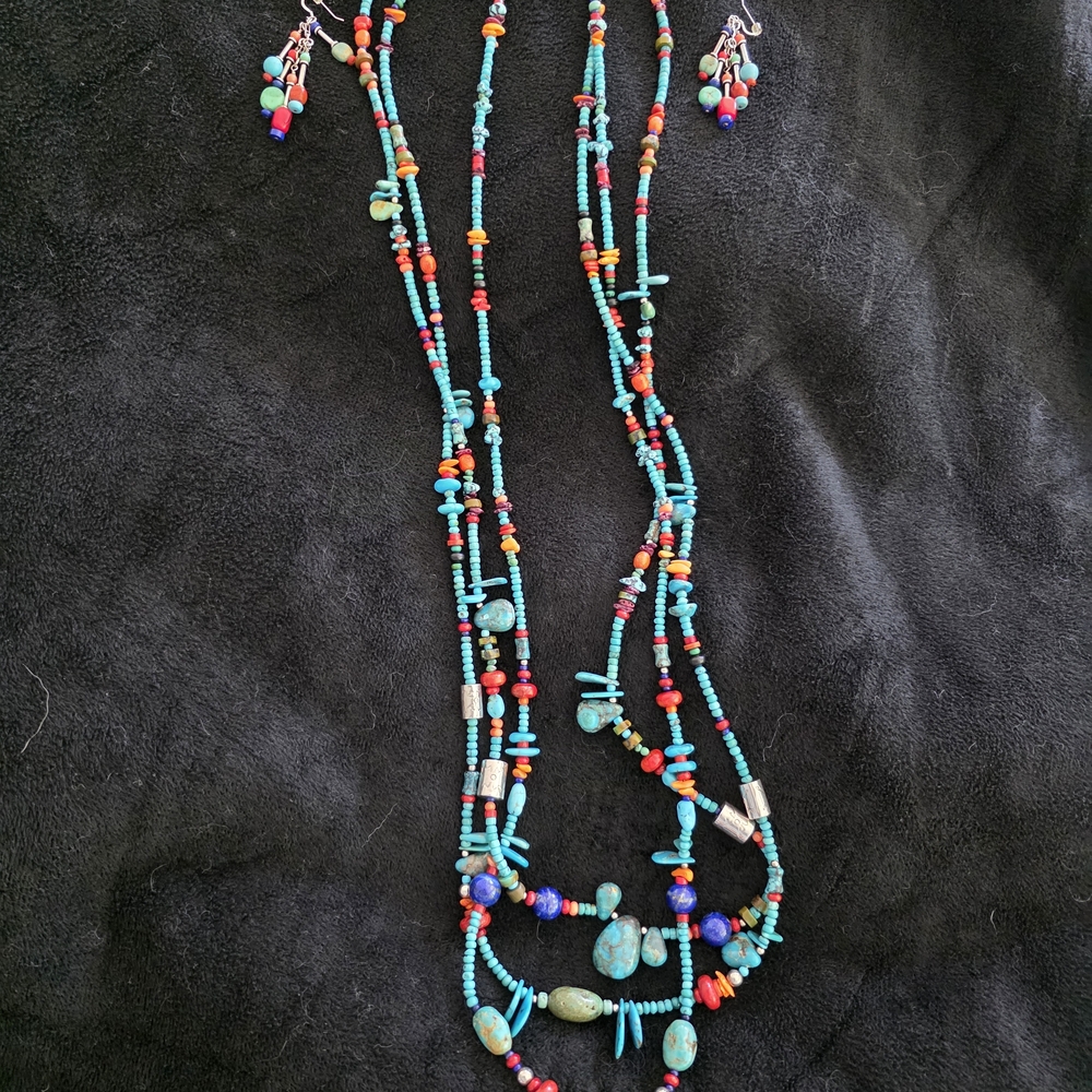 Turquoise, Lapis, Spiny Oyster sterling silver Necklace and Earring Set